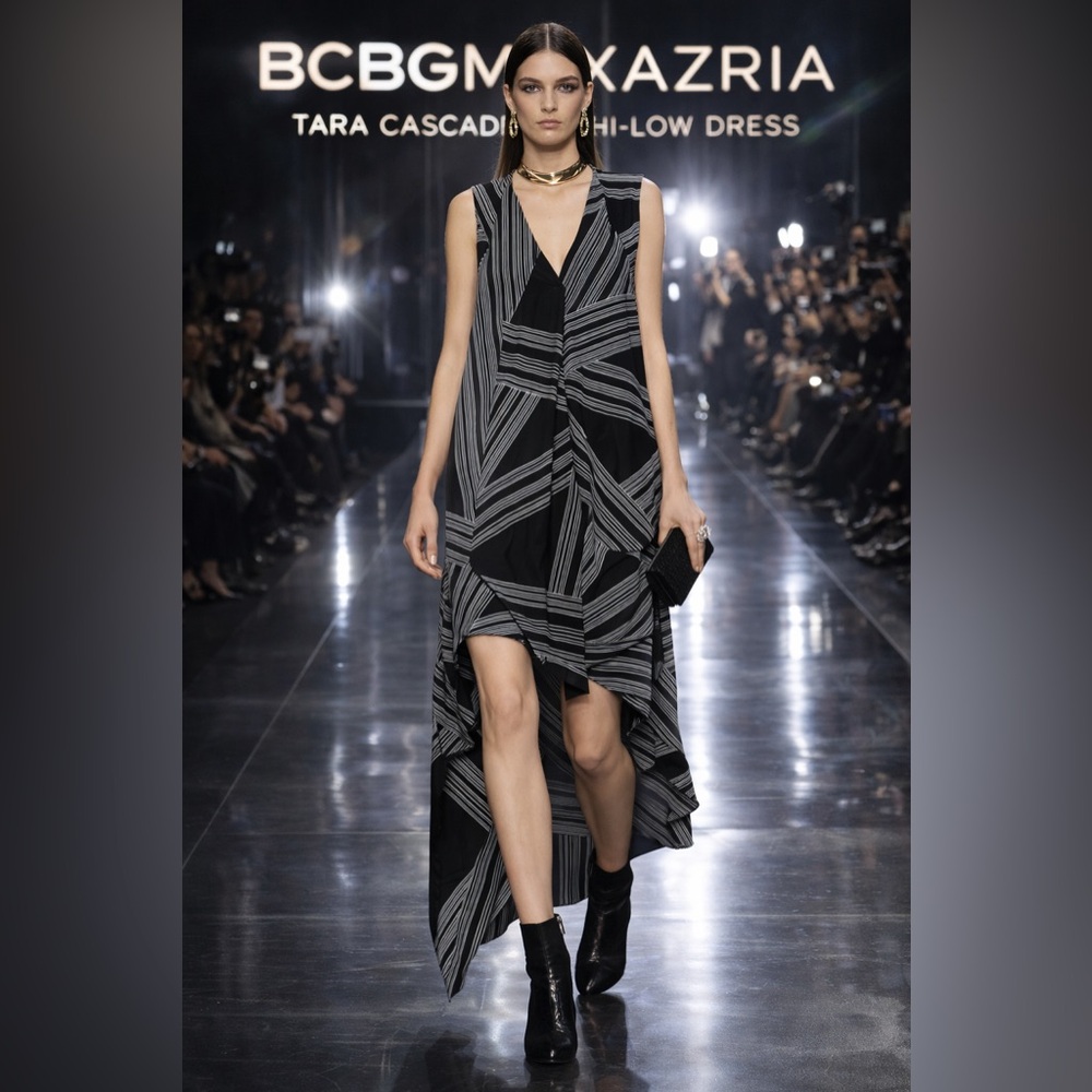 NWT BCBGMAXAZRIA “Tara” Cascade High-Low Dress – Black/White Stripe | XXS